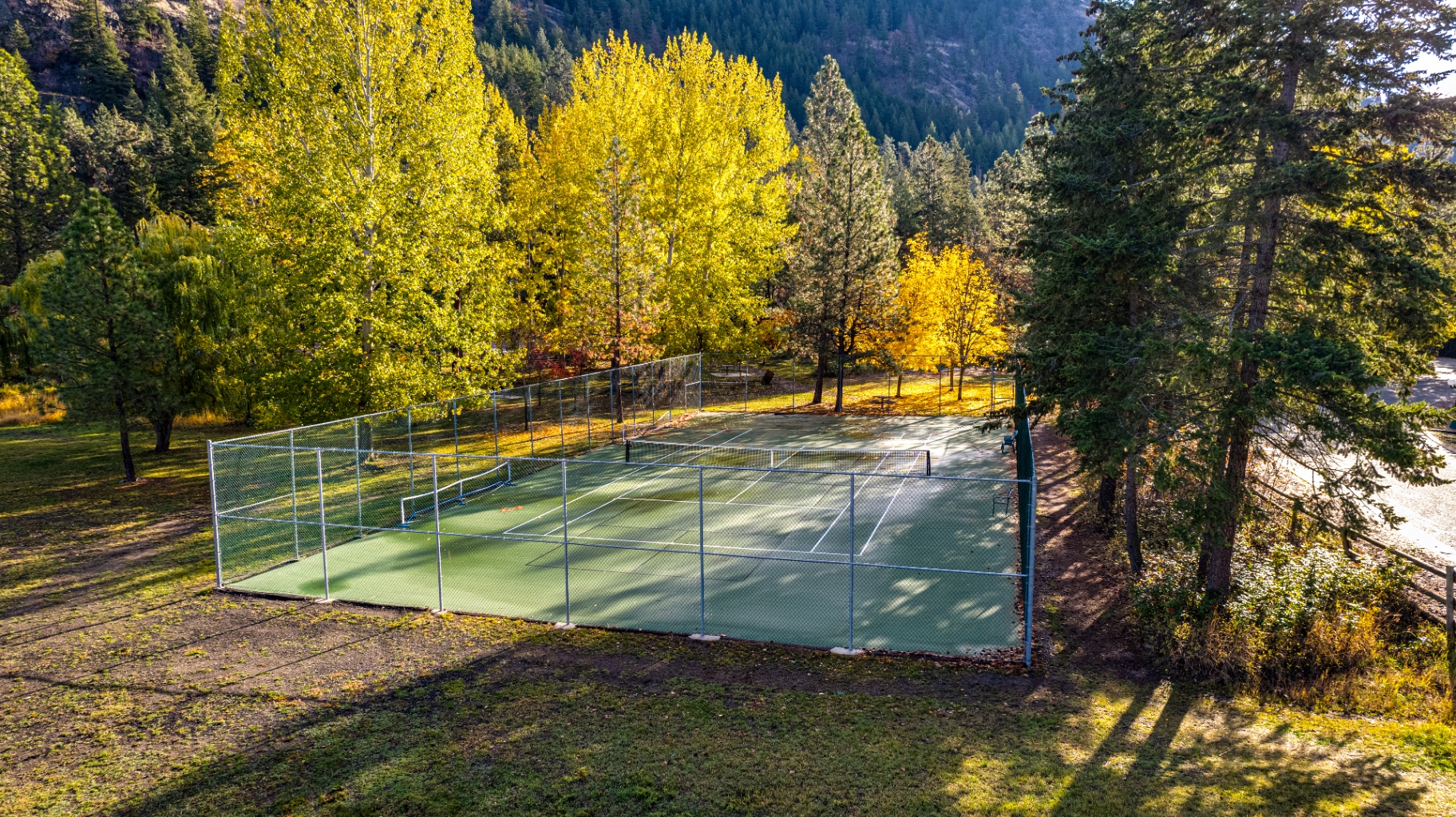 Tennis/sports court surrounded by autumn foliage